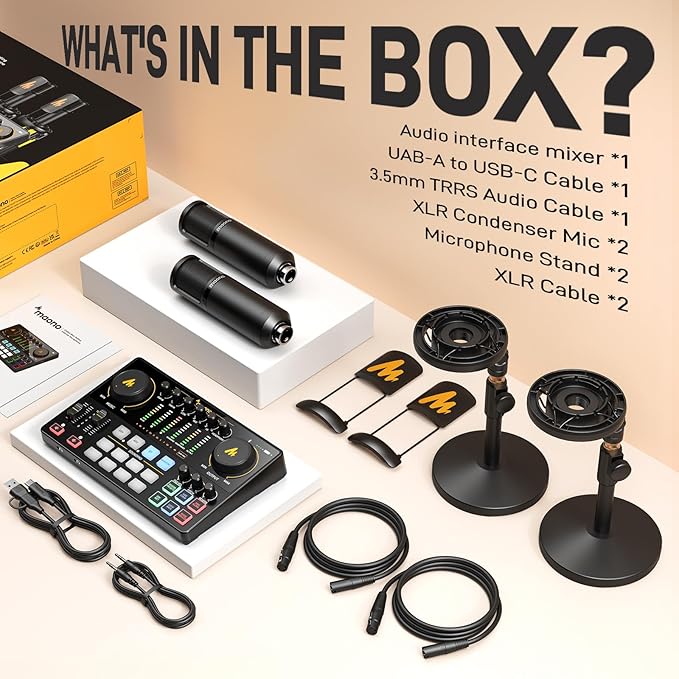 MAONO Podcast Equipment Bundle for 2: Audio Interface Mixer with 2 XLR Condenser Mic Noise Reduction Podcast Streaming MaonoCaster E2 Gen2B