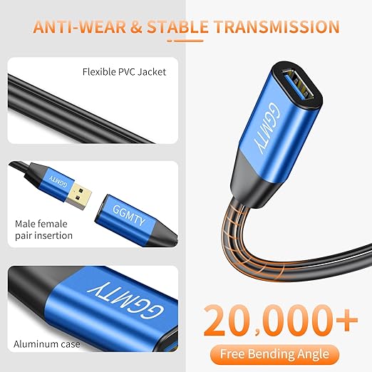 USB 2.0 Type A Male to A Female Active Repeater Extension Cable 65ft, High Speed 480 Mbps