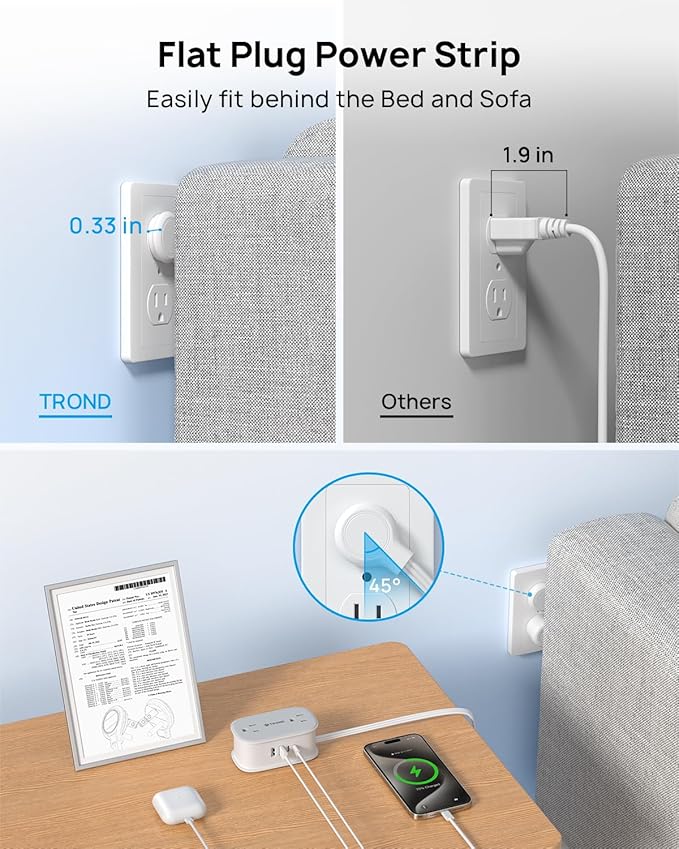 TROND Flat Plug Power Strip: 3.3ft Wrapped Short Extension Cord with 4 Outlets, 4 USB Ports, Small Charging Station, Travel Home Office Cruise Ship Dorm Room Essentials, Gray