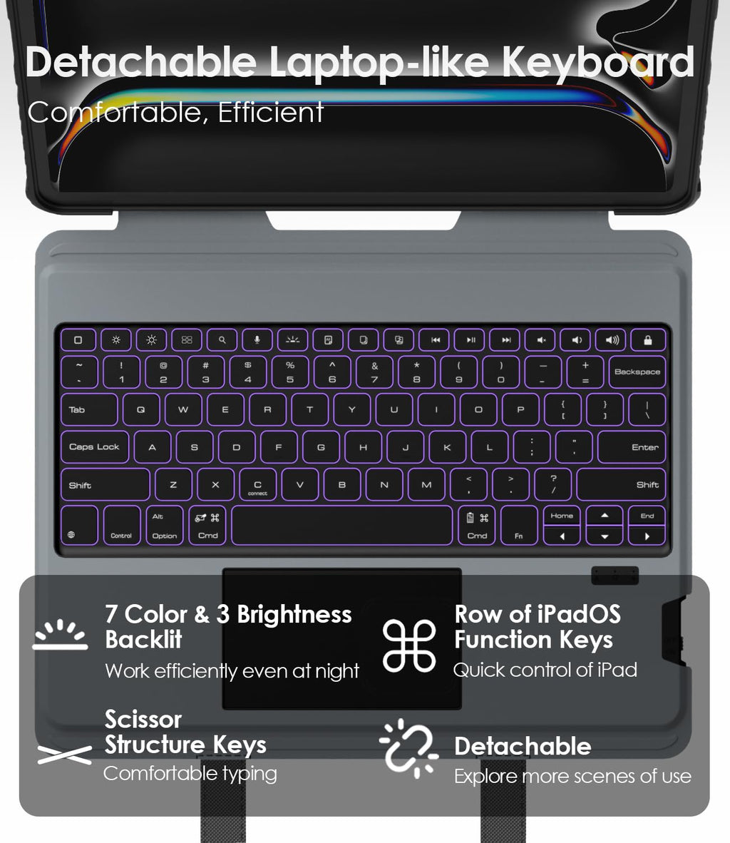 Nillkin Carry Go Keyboard Case for iPad Pro 13 inch (M5, 2025/M4,2024) with Handle, Rugged Case with Detachable Keyboard for iPad Pro 13", Magic Trackpad, 7 Colors Backlit, Portrait/Landscape, Black
