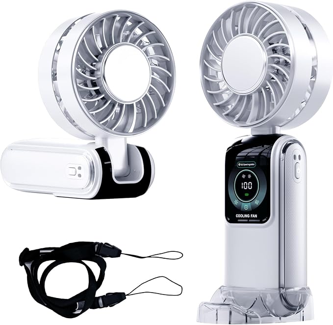 Blows Cold Air Portable Handheld Fan with Stand & Lanyard, 5000mAh USB-C Rechargeable Battery, 12H/5-Speed LED Display Mini Fan for Travel Beach Cruise Concerts Outdoor Events(White)