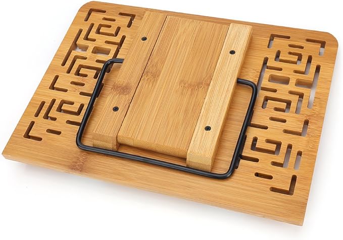 wishacc Bamboo Book Stand Reading Rest Holder Cookbook Cook Stand/Foldable Tablet PC Textbook/Music Document Stand/Desk Bookrest with Retro Hollow Elegant Pattern