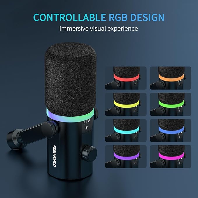 FEELWORLD PM1 XLR USB Dynamic Microphone with Desktop Stand Gifts for Podcast Recording PC Computer Gaming Live Streaming Vocal Voice-Over, Studio Metal Mic, RGB Light, Mute Button, Headphones Jack