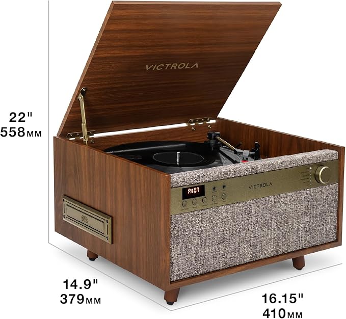 Victrola Century 6-in-1 Vinyl Record Player & Music Center – 3-Speed Turntable, CD & Cassette Player, VINYLSTREAM, Bluetooth & 3.5mm Aux, Record Player with Speakers, Mid Century Design (Natural)