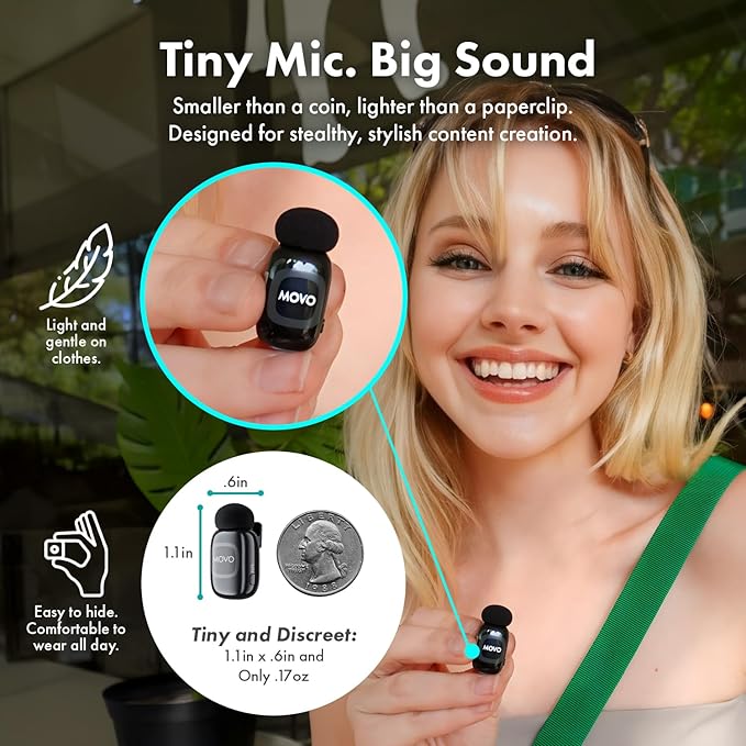 Movo NanoMic Wireless Lavalier Microphone for Camera – Clip-On TRS Wireless Mic System for DSLR, Camcorders, and Mirrorless Cameras – Dual Microphones with Charging Case for Video, Interviews