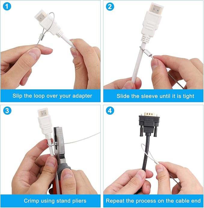 Cable Tethers 30 Pack with Crimping Tool (12 Inches, White Color), Adjustable Security Cable Look, Universal DIY Adapter Tethering Ties Kit for Computer Cord, Pre-Assembled, Tamper-Resistant