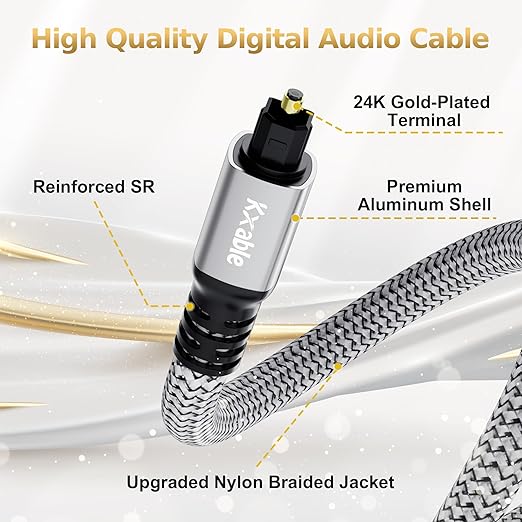 Optical Audio Cable 25 FT, Digital Audio Cable, Toslink Fiber Optic Cord, [Nylon Braided, Slim Aluminum Shell, Gold Plated Connector], for Home Theater, Sound Bar, PS4, Xbox, TV and More