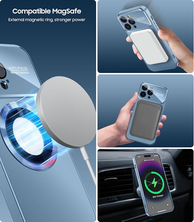 Magnetic for iPhone 16 Pro Max Case, Compatible with MagSafe, Built-in Camera Lens Protector, Logo View, Military Grade Drop Protection Phone Cover, Sierra Blue