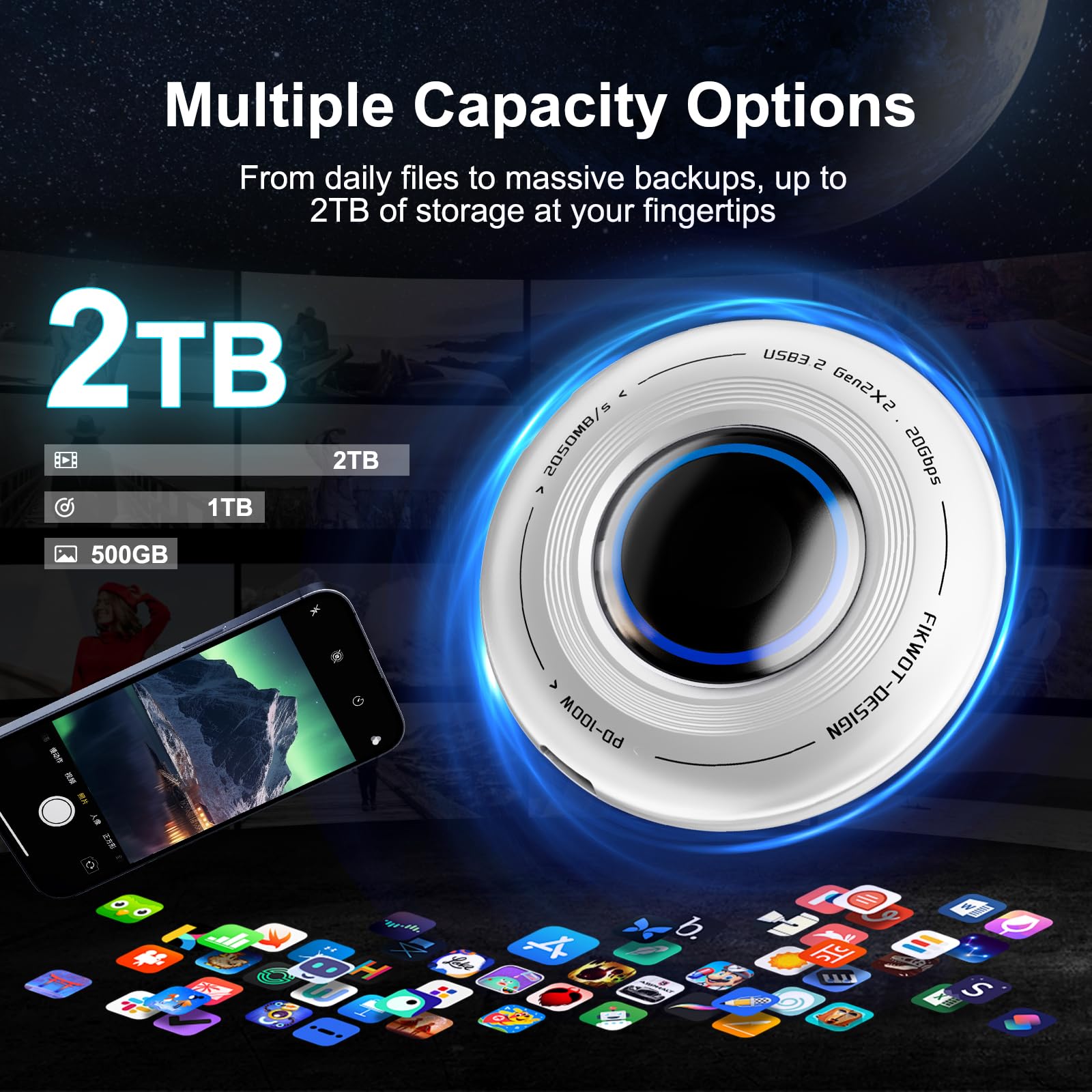 FP108 2TB Magnetic Portable SSD, External Solid State Drives with PD-100W and 2050MB/s USB-C 3.2 Gen 2x2, Play While Charging, Compatible with iPhone 16/15 Pro Max, Android, PC, Mac, Switch Lite