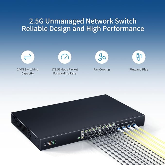 16 Port 2.5G Network Ethernet Switch, 16 x 2.5Gb RJ45 Ports, 4 x 10G SFP Slots, 240Gbps Switching Capacity, Desktop or Rack Mount/Metal Case/Fan Cooling/Plug and Play Unmanaged