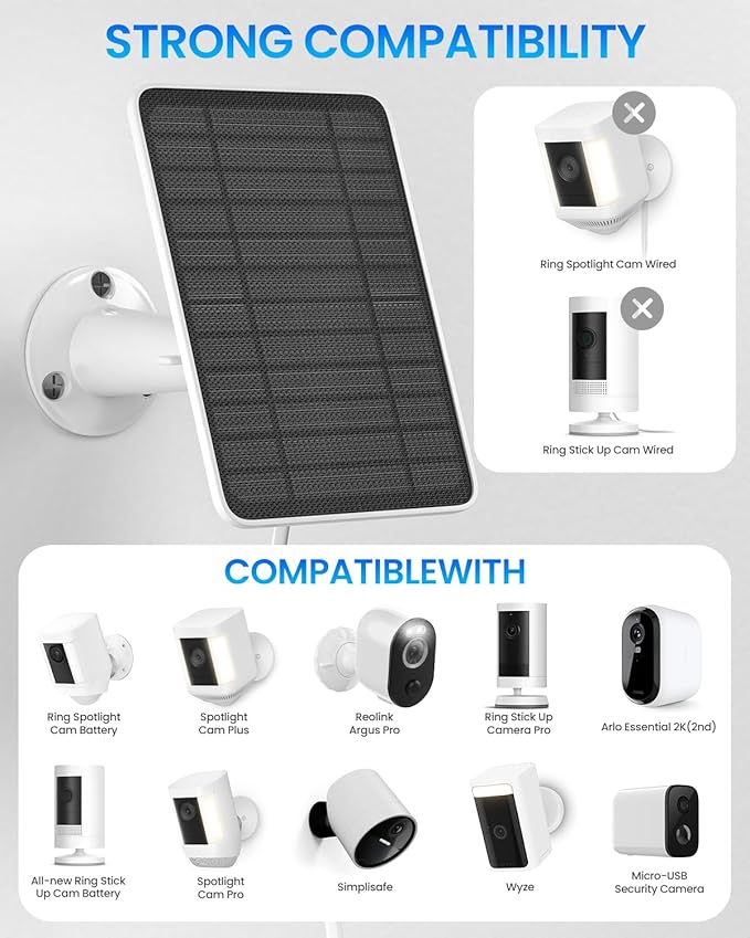 5W Solar Panel for Ring Camera, Solar Panel Charger Compatible with Ring Spotlight Plus/Pro Stick Up Outdoor Cam Battery, 9.8ft Cable with USB-C to Barrel Plug Adapter & Micro-USB Adapter, 3 Pack