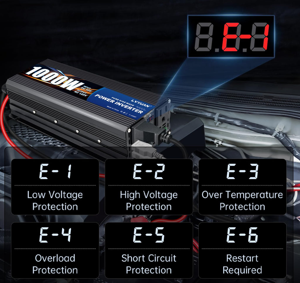 LVYUAN 1000W Pure Sine Wave Inverter 12V to 110-120V, Dual AC, USB, LED