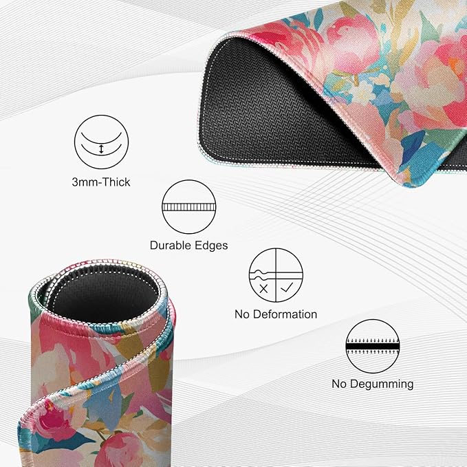 JIKIOU 3 Pack Mouse Pad with Stitched Edge, Comfortable Mouse Pads with Non-Slip Rubber Base, Washable Mousepads Bulk with Comfortable Cloth, Mouse Pads for Computers Laptop 10.2x8.3inch Multi Peony