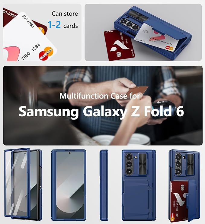 Vihibii for Samsung Galaxy Z Fold 6 Case Wallet with Card Holder & Slide Camera Lens Cover & Screen Protector & Hinge Protection, Durable Rugged Protective Phone Case for Galaxy Z Fold 6 2024, Blue