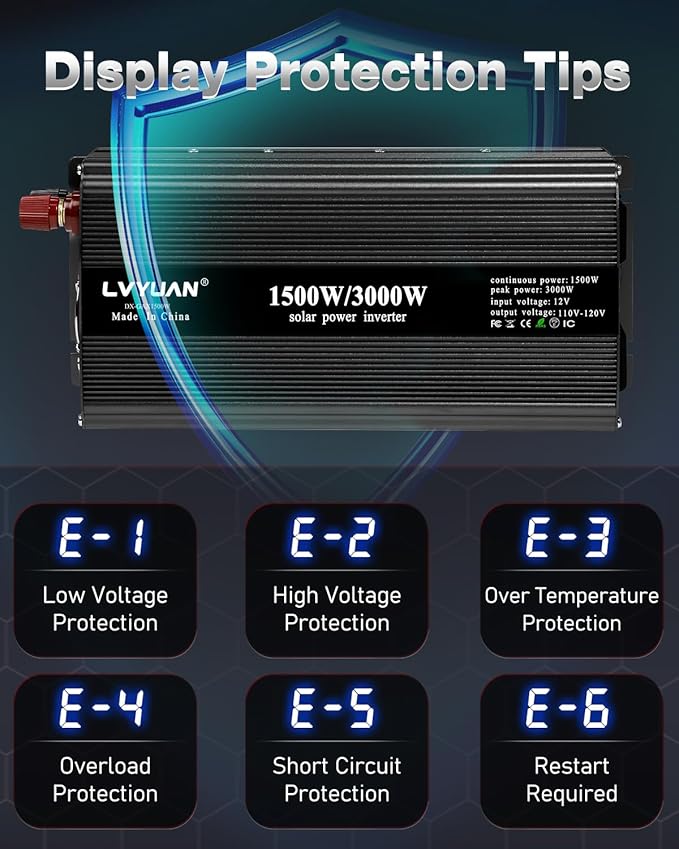 LVYUAN 1500W Inverter Car Power Inverter 12V to 110V for Vehicles with LED Display, US Outlets, USB Ports for Camping Outdoor Car Yacht RV