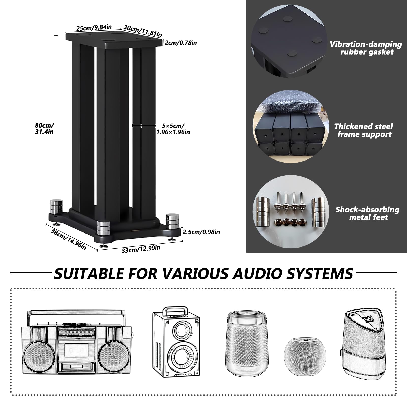 A Pair of Speaker Stands, Bookshelf Speaker Stand Steel Frame Support for Speakers up to 40 kg, Vibration-Absorbing MDF Design, Studio Monitor Stands Improves Sound Quality (70cm/27.5in)