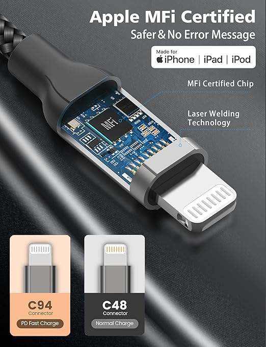 2ft USB C to Lightning Cable 2Pack,[Apple MFi Certified] Power Delivery USB C iPhone Charger Fast Charging, 2 foot Nylon Braided Type C to Lightning Cord for iPhone 14 13 12 11 Pro Max XR XS 8 SE iPad