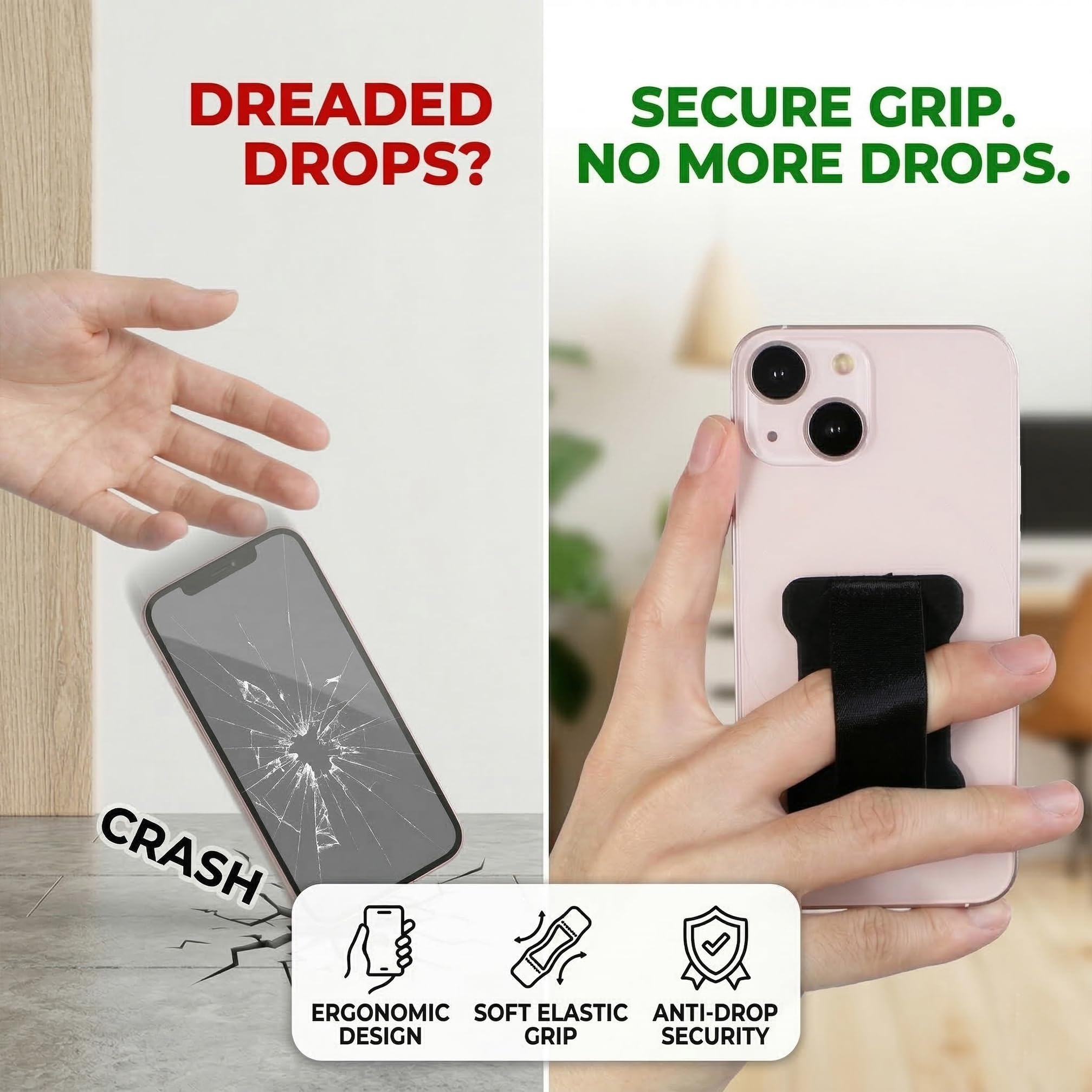 WUOJI Universal Phone Grip for Smartphones - Phone Holder for Hand - Wireless Charging Compatible (Red) - 2Pack
