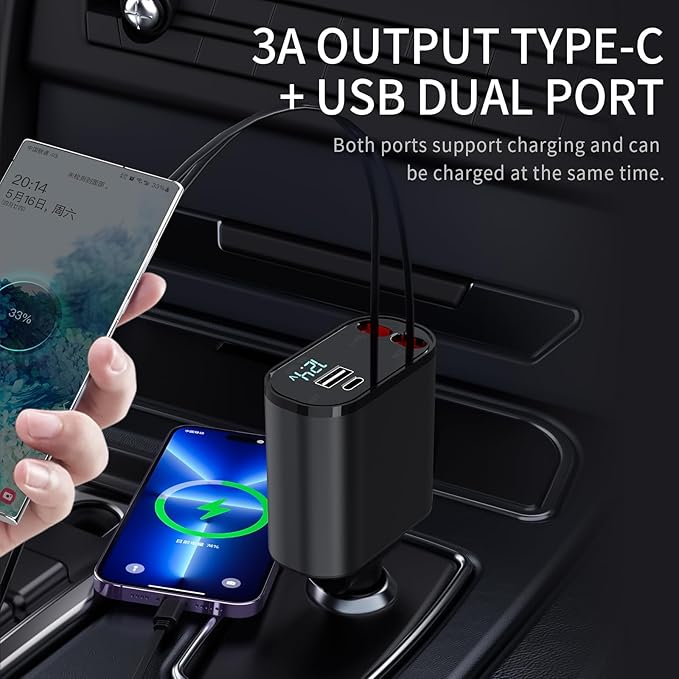 Retractable Car Charger Compatible with Galaxy Pixel, 4 in 1 Fast Charging Car Charger 60W, Double Type C Retractable Cable and 2 USB Ports