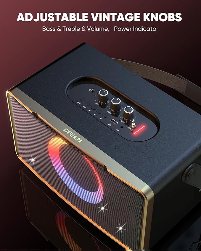 GFEEN Portable Bluetooth Speaker: 100W(160W Peak), 15H Playtime, Wireless Speakers with Microphone, 5″ Subwoofer, Loud Sound, Light Show, Fast Charging for Outdoor, Party, Backyard(Gold with 2Mic)