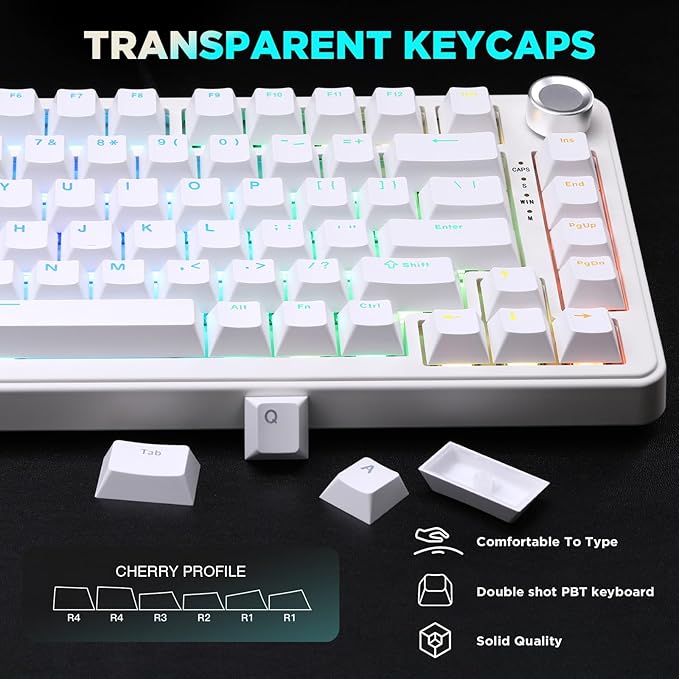 YUNZII B75 Mechanical Keyboard,75% Layout with Knob,Hot Swappable RGB Backlit Gasket Mounted, Creamy Typing, Double-Shot PBT Keycaps,Cherry Profile,for Win/Mac (White, Milk V2 Linear Switch)