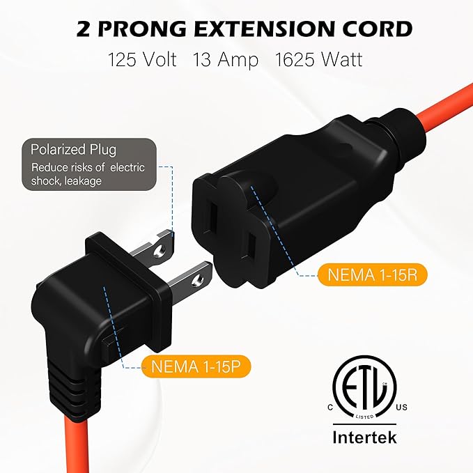 90 Degree 2 Prong Polarized Outdoor Power Extension Cord 15 FT, Angled Low-Profile Plug, 16 Gauge 125V SJTW Waterproof Long Cable for Home Office Lawnmower Garden Tools Lights, ETL+Ties-Bright Orange