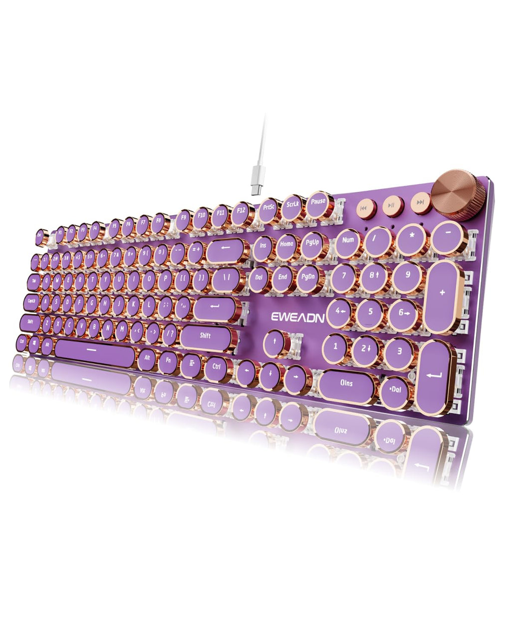 EWEADN Wired Typewriter Mechanical Keyboard, Low Noise Pink Switch Retro Punk Keyboard with Media Knob, White Backlit, Metal Panel, 104-Key Round Keycaps Cute Keyboard for Windows PC -Purple