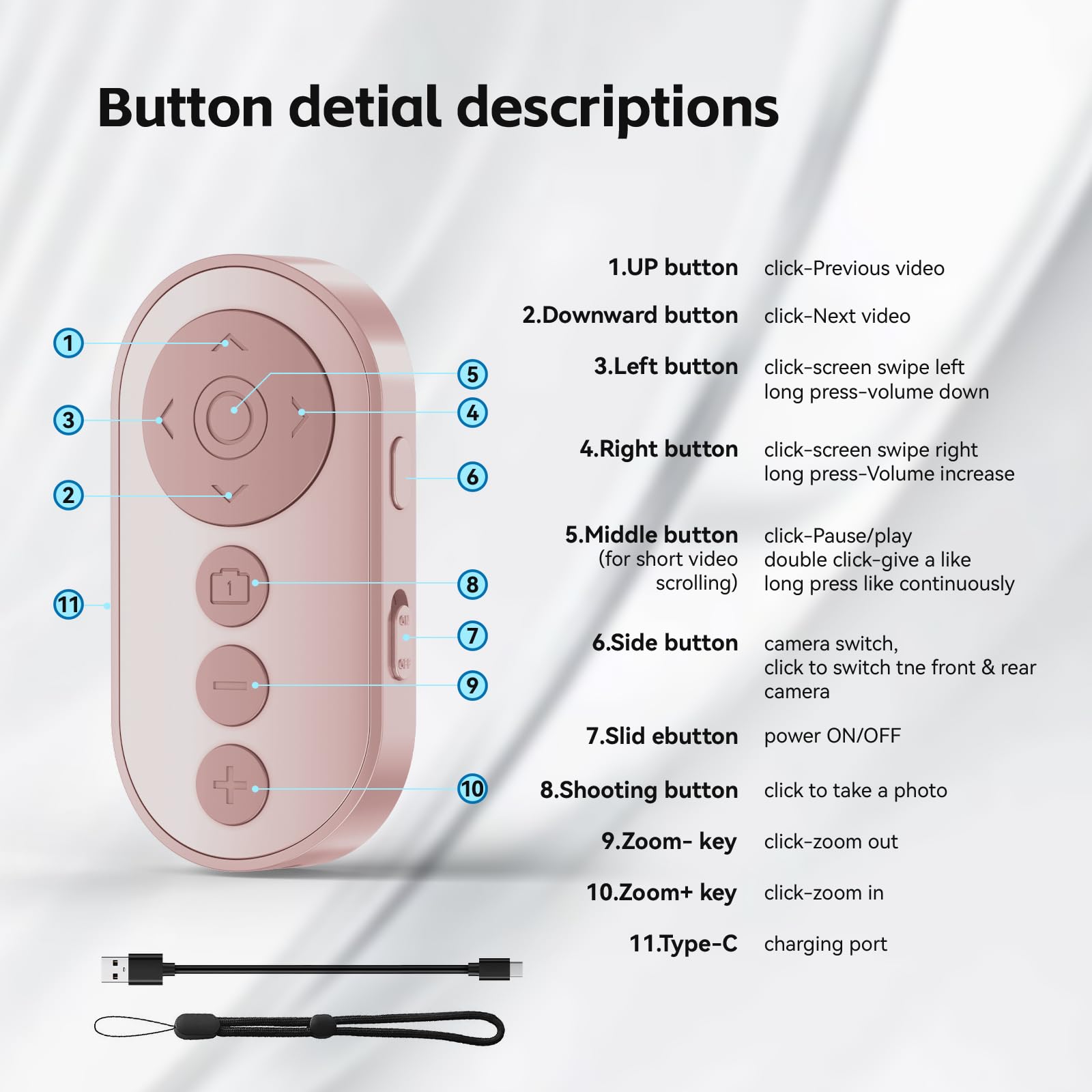 Bluetooth Camera Remote Shutter with Zoom and Front/Rear Camera Switch for Photo and Vlogging,Cllphone Remote Clicker for iOS & Android Smartphone, Wireless Video Scrolling for Tiktok