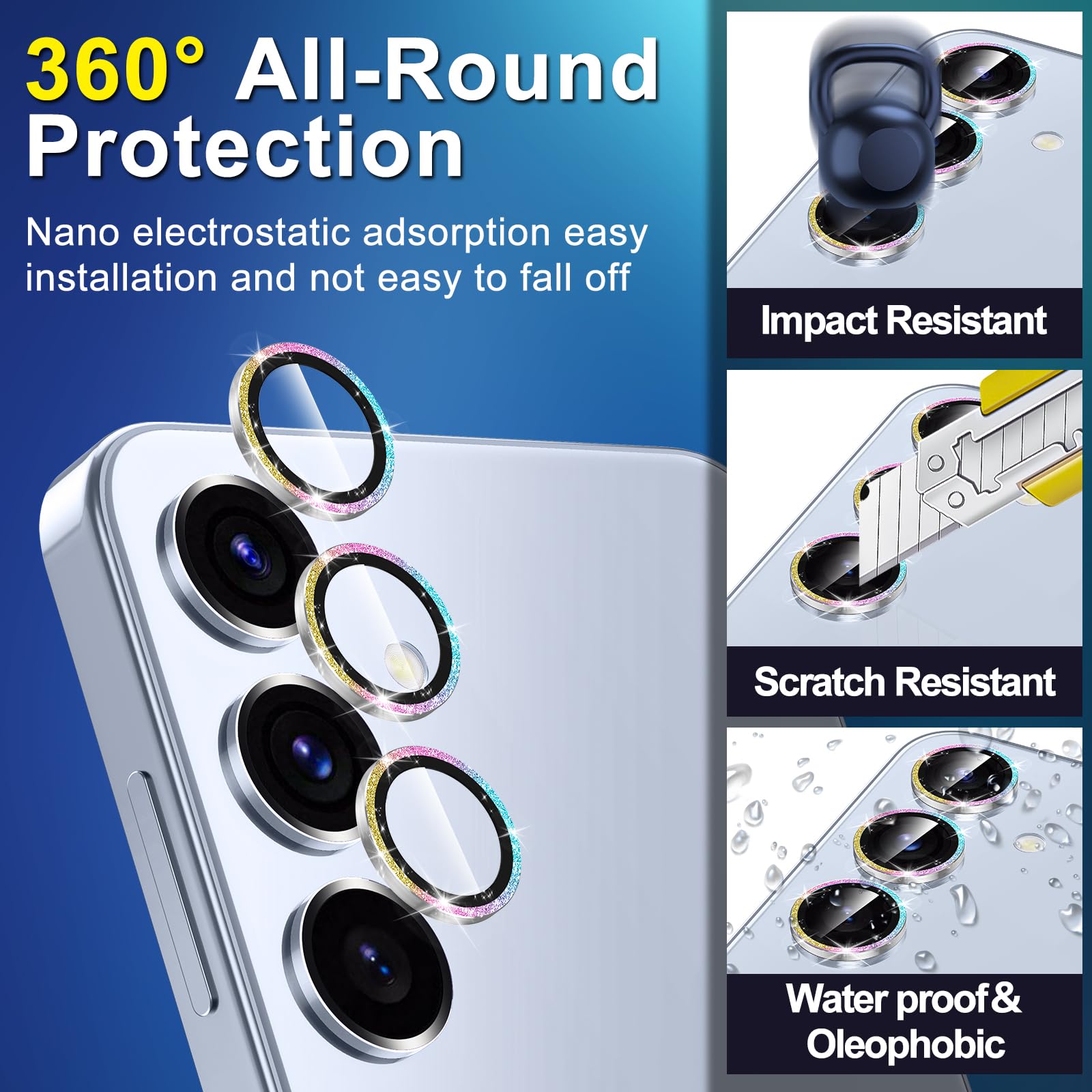 Avocase for Samsung Galaxy S25 Camera Lens Protector, Individual Metal Ring Tempered Glass Lens Cover, [Strong Adsorption] Scratch Resistant Ultra-Thin HD Clear Lens Cover, 1 Set-Colorful Sparkly