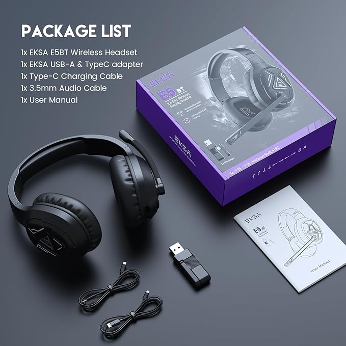 EKSA 2.4GHz Wireless Gaming Headset with Noise Canceling Microphone for PS5, PC, PS4 Bluetooth Gaming Headphones with USB & Type-C Connector, 52Hrs Battery PC Headset for Switch, Laptop, Mobile, Mac