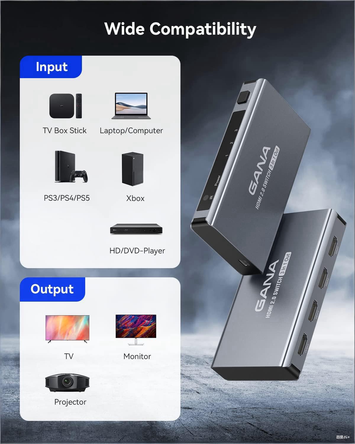 HDMI Switch 5 in 1 Out 4K@60Hz, GANA HDMI Splitter Switcher with Remote, Aluminum HDMI 2.0 Switch Box Hub for 3D, HDCP2.2, HDR, Compatible with Xbox, PS5/4/3,Fire Stick,Roku,Blu-Ray Player, Purple