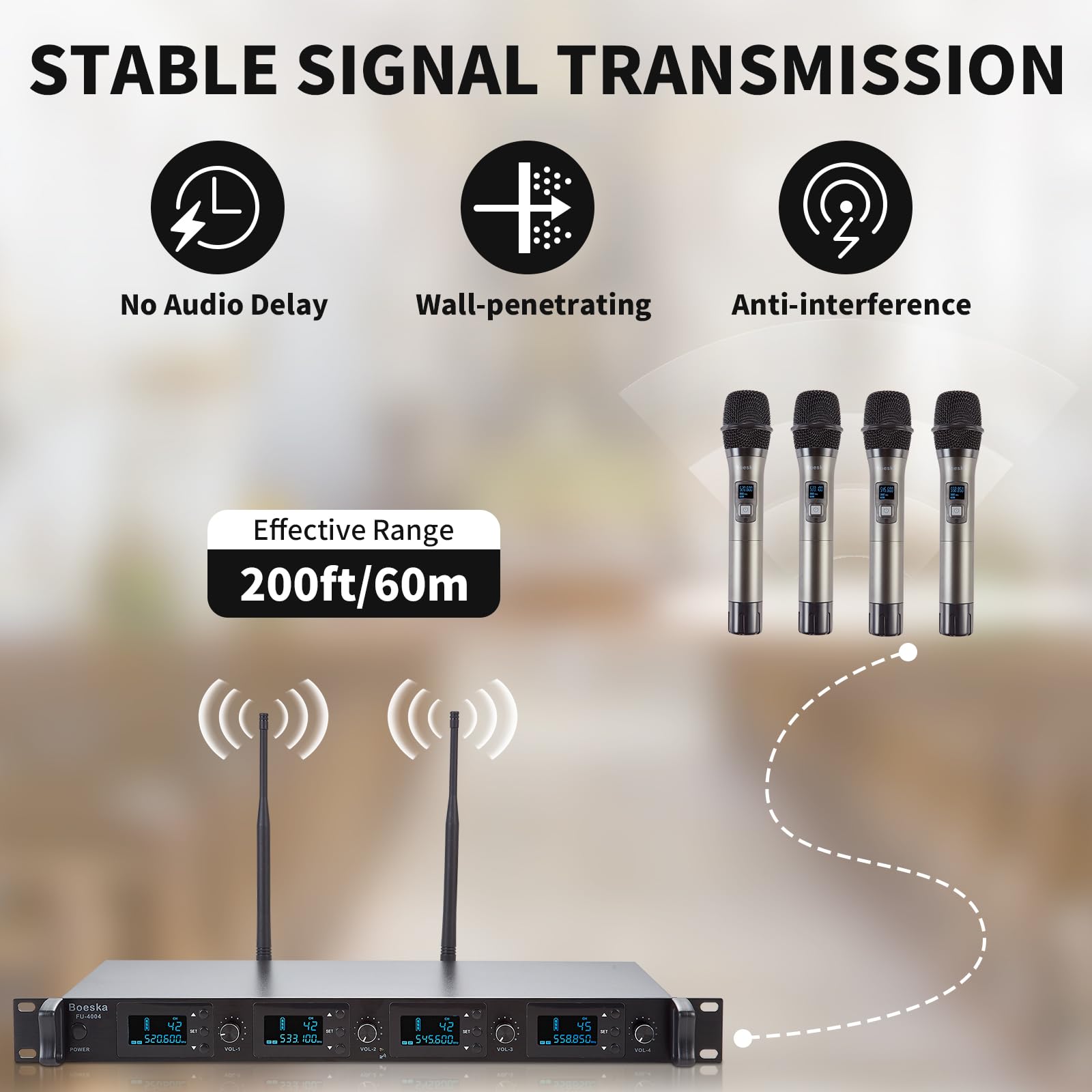 Boeska Wireless Microphone System, 4-Channel UHF Wireless Mic, Fixed Frequency Metal Cordless Mic with 4 Handheld Dynamic Microphones, 200ft Range, Mics for Singing, Church (4 Handheld)