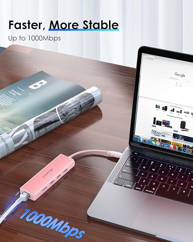 LENTION USB C Hub with 1000Mbps Ethernet Adapter, 4K HDMI, 3 USB 3.0 Port for 2024-2016 MacBook Pro 13/14/15/16, New Mac Air & Surface, Chromebook, More, Stable Driver Certified (CB-C25, Rose Gold)