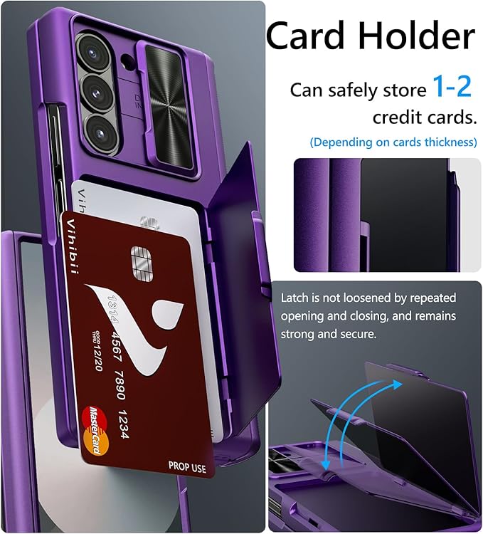 Vihibii for Samsung Galaxy Z Fold 6 Case with S Pen Holder & Card Holder & Slide Camera Cover & Screen Protector & Hinge Protection, Heavy Duty Rugged Wallet Case for Galaxy Z Fold 6, Dark Purple