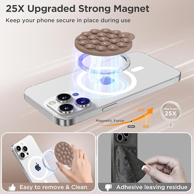Magnetic Suction Cup Phone Mount for MagSafe Case, Silicone Hands-Free Phone Grip Holder for iPhone and Android, Mirror Shower Phone Stand for Makeup FaceTime Gym Kitchen Bathroom, Light Brown