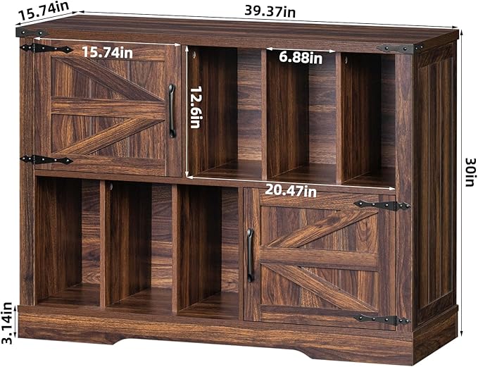 Large Record Player Stand with Vinyl Storage Up to 450 Albums, 39 Inch Farmhouse Brown Walnut Storage Cabinet with Barn Doors, Wood Vintage Mid-Century Turntable Stand for Bedroom, Living Room
