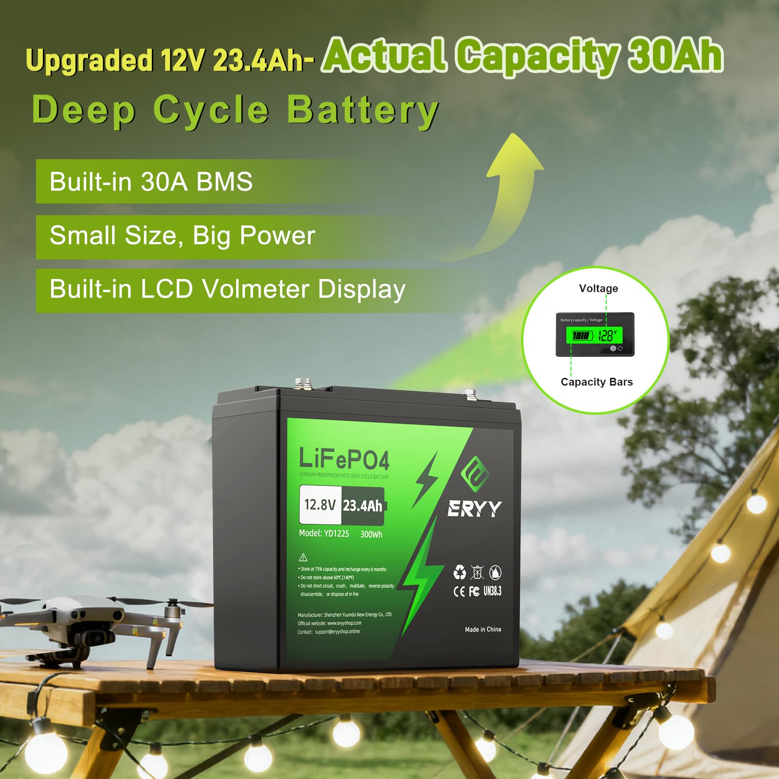ERYY 12V 23.4Ah(30Ah) LiFePO4 Lithium Deep Cycle Battery With 30A BMS & Voltage Indicator, 12 Volt Battery Lithium Iron Phosphate for Fish Finder, Ham Radio, Solar, Scooters, Power Wheels, RV, Camp