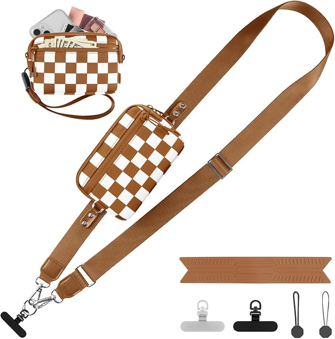 Clip and Go Strap for Phone with Wallet Crossbody, Adjustable Phone Lanyard with Detachable RFID Wristlet Wallet, Phone Strap with Phone Tabs for All Phones, Bronze Checkered (M)