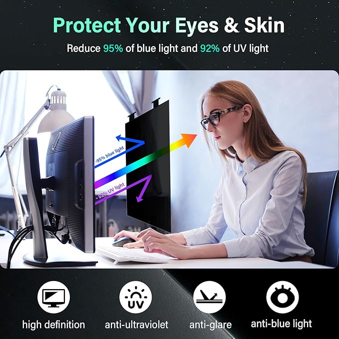 [2 Pack] Magnetic 27 Inch Computer Privacy Screen for 16:10 Aspect Ratio Widescreen Monitor, Hanging Eye Protection Anti Glare Blue Light Computer Monitor Privacy Filter, Removable 27in Protector Film