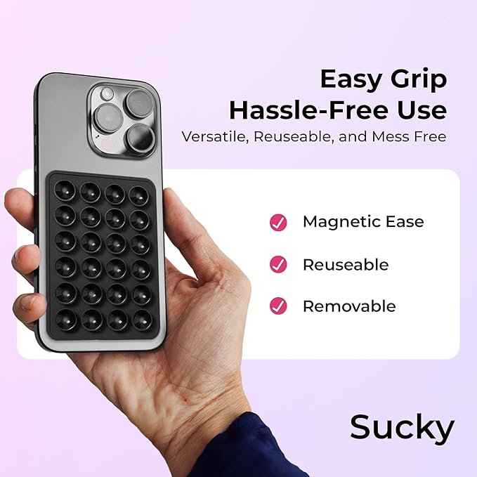Sucky Upgraded Magnetic Suction Cell Phone Grip for MagSafe Case, Silicone Octo Cup Buddy Holder, Durable Magnet Phone Accessory for iPhone and Android (Black)