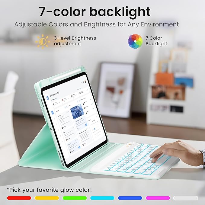 iPad 7th/8th/9th Generation Case with Keyboard 10.2-inch 2019/2020/2021, iPad Air 3rd/Pro 10.5-inch 2017 Compatible, 7 Color Backlit Keyboard BT/Wireless/Detachable with Pencil Holder (Mint Green)