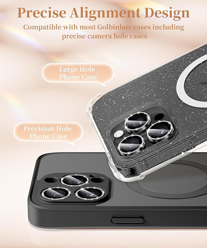 GolbinBox Camera Lens Protector for iPhone 16 Pro Max/16 Pro, 1:1 Invisible Fit, 9H Tempered Glass Ultra HD Metal Individual Camera Cover Screen Protectors for Women, Case Friendly, Bling/Black