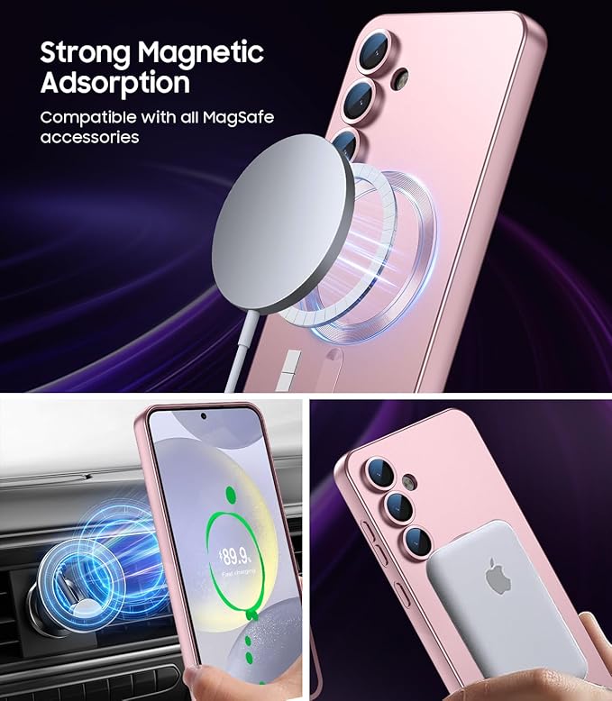 Magnetic for Samsung Galaxy S24 Case [Compatible with MagSafe][Built-in Camera Lens Protector] Slim Soft Silicone Bumper Shockproof Metallic Luster Phone Case (Rose Gold)