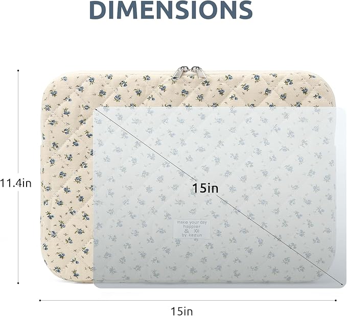 Puffy Laptop Sleeve 13-15.6 Inch Cute Quilted Laptop Protective Case Padded Floral Computer Sleeve for MacBook (A-Blue, 15 Inch)