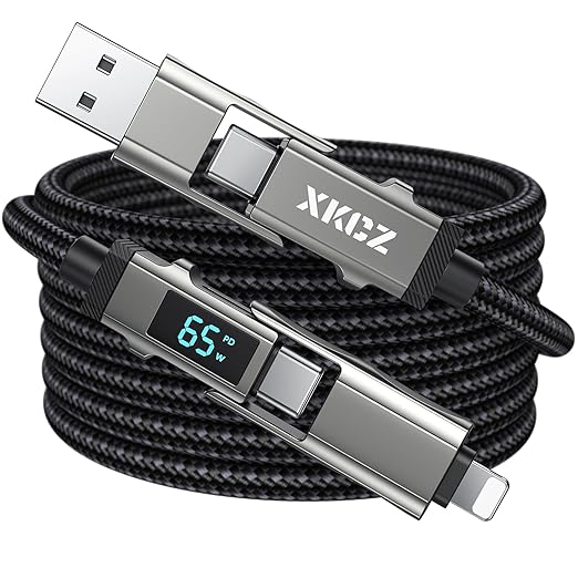 4 in 1 USB C Cable with Wattage Display, 65W Round Nylon Braided Multi Charging Cable with Data Sync, USB C Charging Cord Combo Type C/USB A/iPhone Port for iPhone/iPad/Samsung/Laptop, 5FT