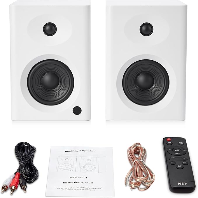 NSY Audio 4-Inch Powered Bluetooth Bookshelf Speakers, White