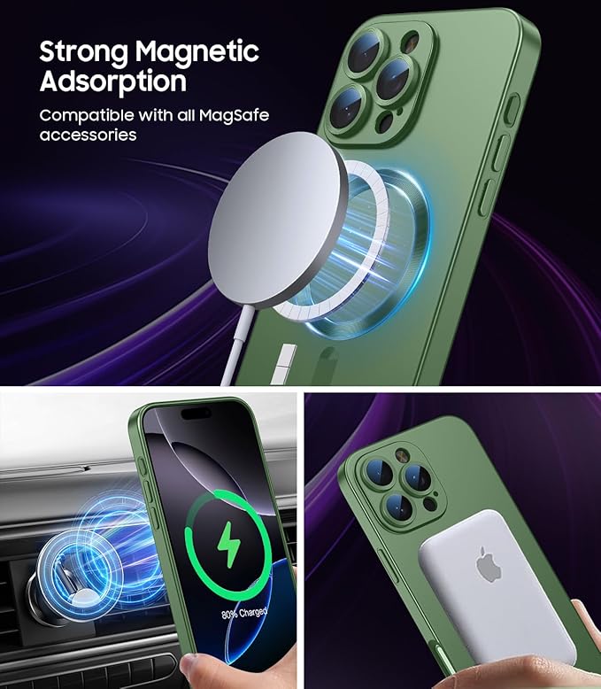 Magnetic for iPhone 16 Pro Case [Compatible with MagSafe][Built-in Camera Lens Protector] Slim Soft Silicone Bumper Shockproof Metallic Luster Phone Case (Green)