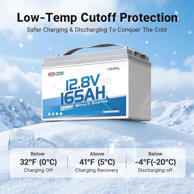 Redodo Group 31 Bluetooth LiFePO4 Battery 12V 165Ah, 2112Wh Max. Energy, 165A BMS with Low Temp Protection, Perfect for RV, Marine, Solar