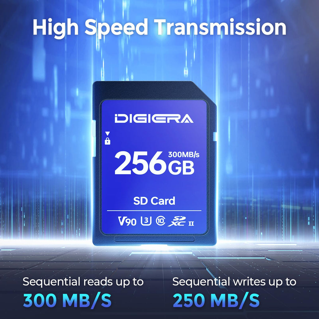 DIGIERA 256GB LSU200 SDXC UHS-II Memory Card - up to 300MB/s, C10, U3, V90, 8K, SD Card for Computers, Digital Cameras, Home Theatre Devices, Car Navigation Systems (1 Pack)