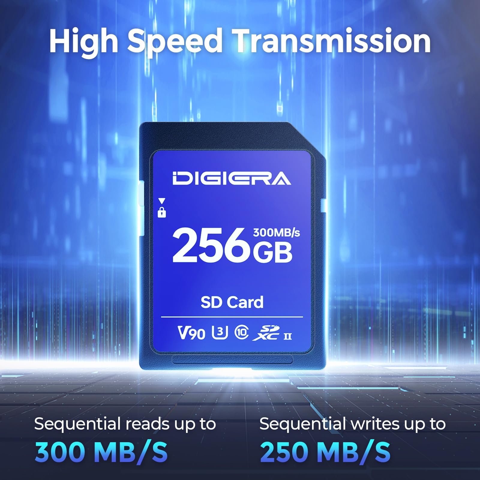 DIGIERA 256GB LSU200 SDXC UHS-II Memory Card - up to 300MB/s, C10, U3, V90, 8K, SD Card for Computers, Digital Cameras, Home Theatre Devices, Car Navigation Systems (1 Pack)
